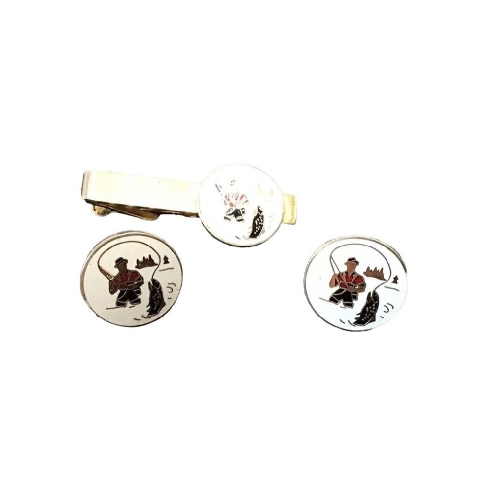 Trout Fly fishing SWANK Vintage Enamel Men's CUFFLINKS and TIEBAR